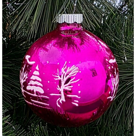 VTG Shiny Brite Stencil Stagecoach Pink Glass Christmas Ornament Horses Snow MCM - Picture 7 of 12